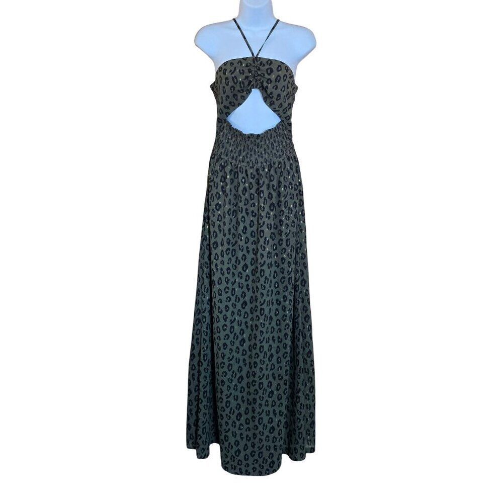 Green Leopard Print Cutout Dress Halter Neck animal print elegant whimsygoth